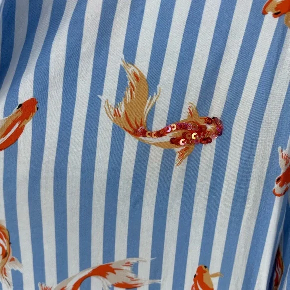 Soft Surroundings blue and white striped button down with koi fish print - Picture 2 of 5